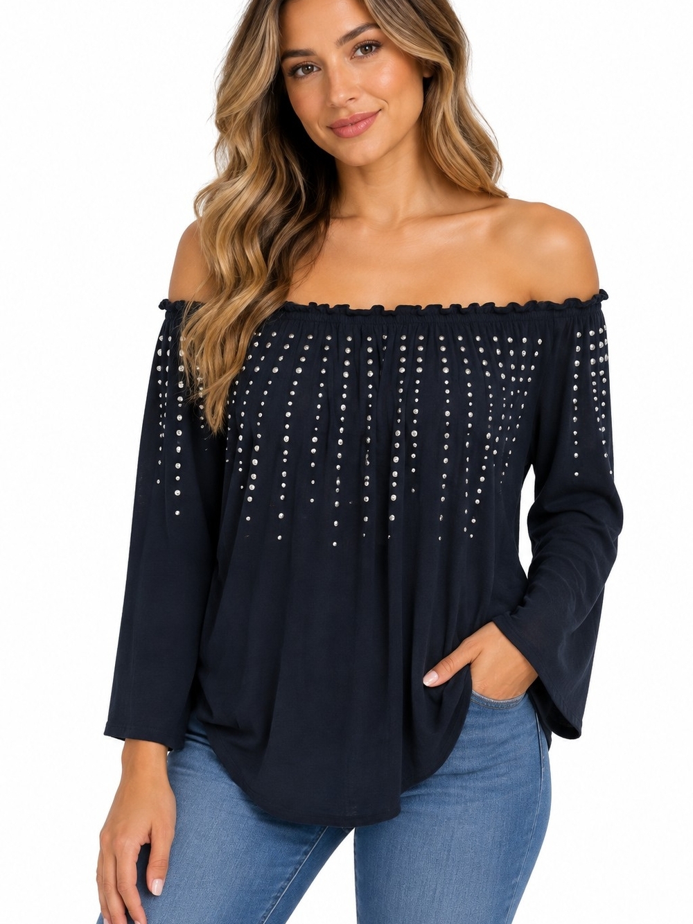 Stud-Embellished Off-Shoulder Tunic Top in Navy